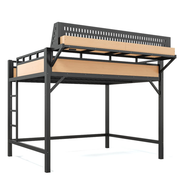 English Elm Queen Metal Loft Bed with Pegboard Storage Shelves USB Charging and LED Lighting Natural W5316S00044
