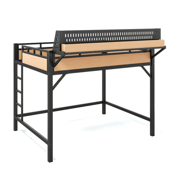 English Elm Queen Metal Loft Bed with Pegboard Storage Shelves USB Charging and LED Lighting Natural W5316S00044