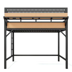 English Elm Queen Metal Loft Bed with Pegboard Storage Shelves USB Charging and LED Lighting Natural W5316S00044