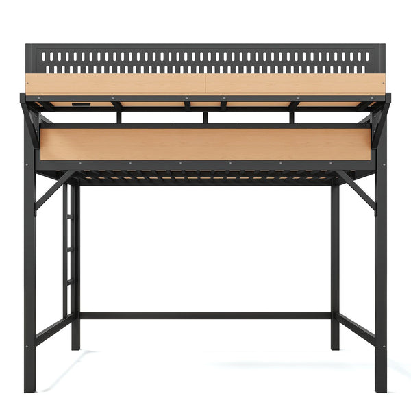 English Elm Queen Metal Loft Bed with Pegboard Storage Shelves USB Charging and LED Lighting Natural W5316S00044