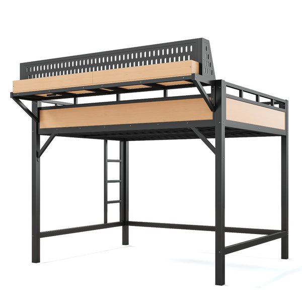 English Elm Queen Metal Loft Bed with Pegboard Storage Shelves USB Charging and LED Lighting Natural W5316S00044