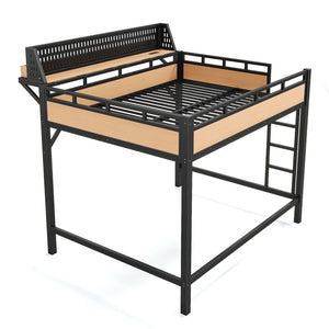 English Elm Queen Metal Loft Bed with Pegboard Storage Shelves USB Charging and LED Lighting Natural W5316S00044