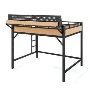 English Elm Queen Metal Loft Bed with Pegboard Storage Shelves USB Charging and LED Lighting Natural W5316S00044