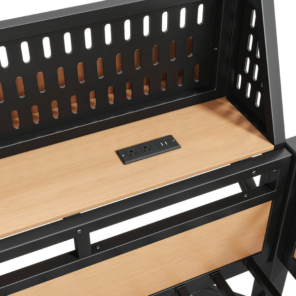 English Elm Queen Metal Loft Bed with Pegboard Storage Shelves USB Charging and LED Lighting Natural W5316S00044