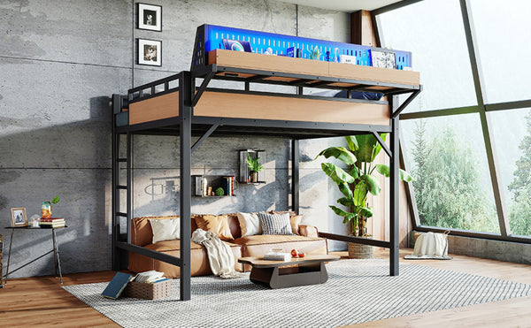 English Elm Queen Metal Loft Bed with Pegboard Storage Shelves USB Charging and LED Lighting Natural W5316S00044
