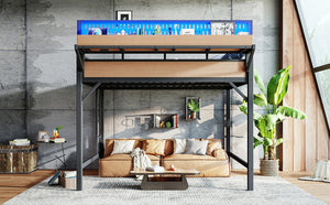 English Elm Queen Metal Loft Bed with Pegboard Storage Shelves USB Charging and LED Lighting Natural W5316S00044