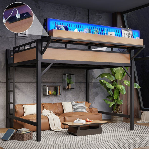 English Elm Queen Metal Loft Bed with Pegboard Storage Shelves USB Charging and LED Lighting Natural W5316S00044