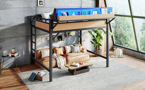 English Elm Queen Metal Loft Bed with Pegboard Storage Shelves USB Charging and LED Lighting Natural W5316S00044