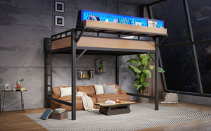 English Elm Queen Metal Loft Bed with Pegboard Storage Shelves USB Charging and LED Lighting Natural W5316S00044
