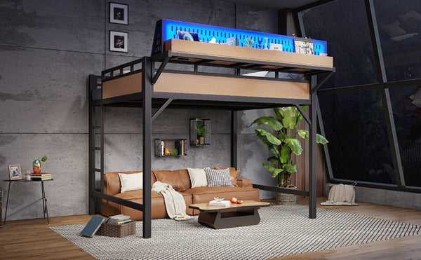 English Elm Queen Metal Loft Bed with Pegboard Storage Shelves USB Charging and LED Lighting Natural W5316S00044