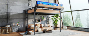 English Elm Queen Metal Loft Bed with Pegboard Storage Shelves USB Charging and LED Lighting Natural W5316S00044