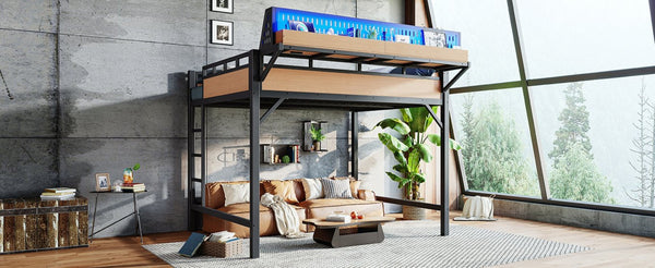 English Elm Queen Metal Loft Bed with Pegboard Storage Shelves USB Charging and LED Lighting Natural W5316S00044