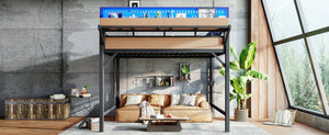 English Elm Queen Metal Loft Bed with Pegboard Storage Shelves USB Charging and LED Lighting Natural W5316S00044