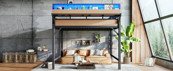 English Elm Queen Metal Loft Bed with Pegboard Storage Shelves USB Charging and LED Lighting Natural W5316S00044