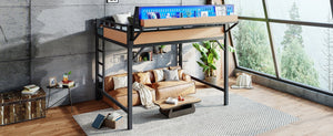 English Elm Queen Metal Loft Bed with Pegboard Storage Shelves USB Charging and LED Lighting Natural W5316S00044