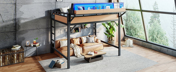 English Elm Queen Metal Loft Bed with Pegboard Storage Shelves USB Charging and LED Lighting Natural W5316S00044