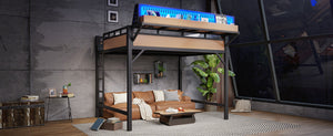 English Elm Queen Metal Loft Bed with Pegboard Storage Shelves USB Charging and LED Lighting Natural W5316S00044