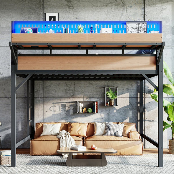 English Elm Queen Metal Loft Bed with Pegboard Storage Shelves USB Charging and LED Lighting Natural W5316S00044