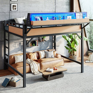 English Elm Queen Metal Loft Bed with Pegboard Storage Shelves USB Charging and LED Lighting Natural W5316S00044