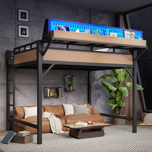English Elm Queen Metal Loft Bed with Pegboard Storage Shelves USB Charging and LED Lighting Natural W5316S00044