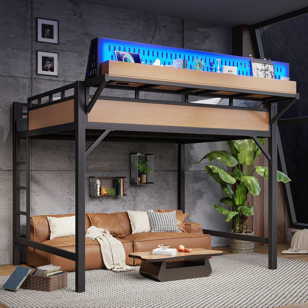 English Elm Queen Metal Loft Bed with Pegboard Storage Shelves USB Charging and LED Lighting Natural W5316S00044