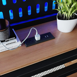 English Elm Queen Metal Loft Bed with Pegboard Storage Shelves USB Charging and LED Lighting Natural W5316S00044