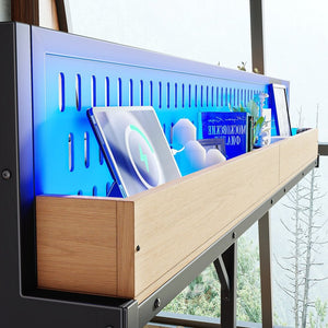 English Elm Queen Metal Loft Bed with Pegboard Storage Shelves USB Charging and LED Lighting Natural W5316S00044