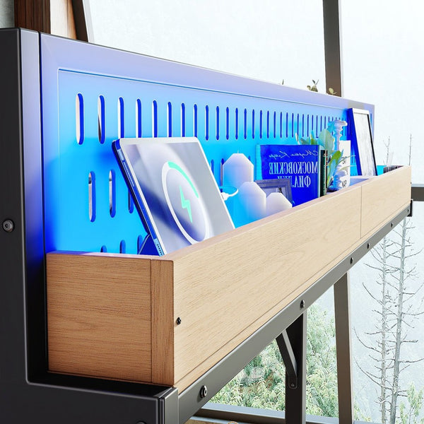 English Elm Queen Metal Loft Bed with Pegboard Storage Shelves USB Charging and LED Lighting Natural W5316S00044