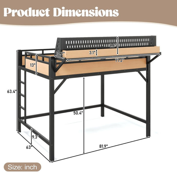 English Elm Queen Metal Loft Bed with Pegboard Storage Shelves USB Charging and LED Lighting Natural W5316S00044
