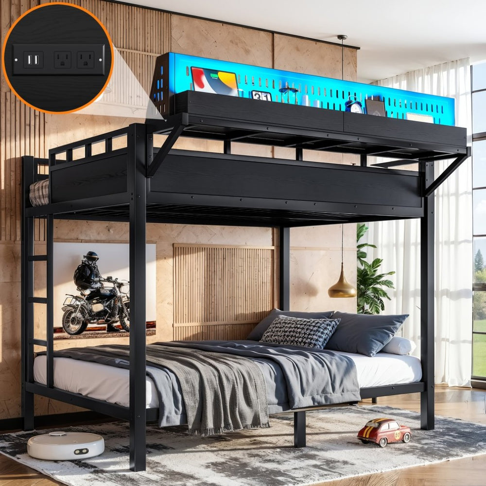 English Elm Full Over Metal Bunk Bed with USB Ports LED Lighting Shelves and Pegboard Black W5316S00051