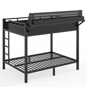 English Elm Full Over Metal Bunk Bed with USB Ports LED Lighting Shelves and Pegboard Black W5316S00051