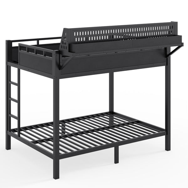 English Elm Full Over Metal Bunk Bed with USB Ports LED Lighting Shelves and Pegboard Black W5316S00051
