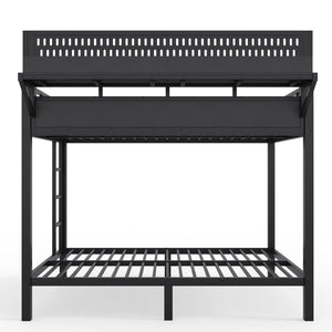 English Elm Full Over Metal Bunk Bed with USB Ports LED Lighting Shelves and Pegboard Black W5316S00051