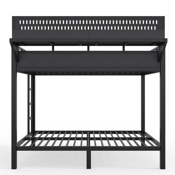 English Elm Full Over Metal Bunk Bed with USB Ports LED Lighting Shelves and Pegboard Black W5316S00051