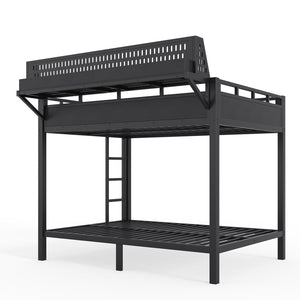 English Elm Full Over Metal Bunk Bed with USB Ports LED Lighting Shelves and Pegboard Black W5316S00051
