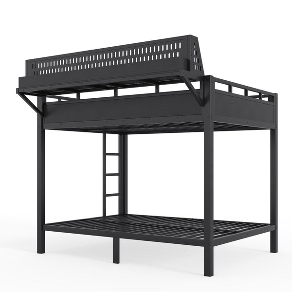 English Elm Full Over Metal Bunk Bed with USB Ports LED Lighting Shelves and Pegboard Black W5316S00051