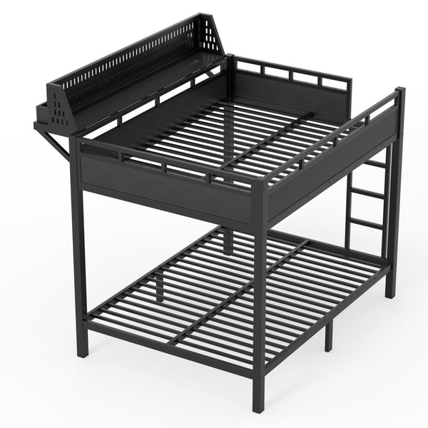 English Elm Full Over Metal Bunk Bed with USB Ports LED Lighting Shelves and Pegboard Black W5316S00051