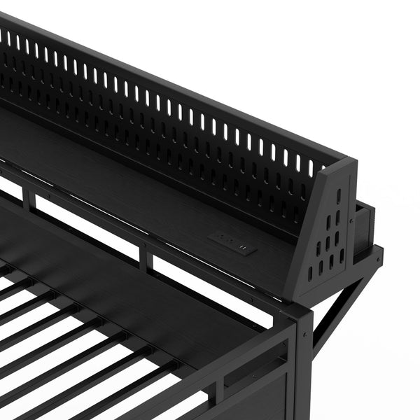 English Elm Full Over Metal Bunk Bed with USB Ports LED Lighting Shelves and Pegboard Black W5316S00051
