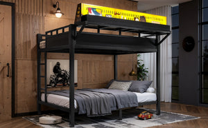 English Elm Full Over Metal Bunk Bed with USB Ports LED Lighting Shelves and Pegboard Black W5316S00051