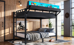 English Elm Full Over Metal Bunk Bed with USB Ports LED Lighting Shelves and Pegboard Black W5316S00051