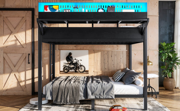 English Elm Full Over Metal Bunk Bed with USB Ports LED Lighting Shelves and Pegboard Black W5316S00051