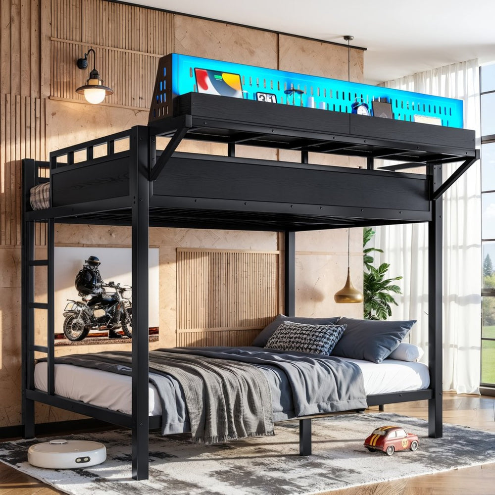 English Elm Full Over Metal Bunk Bed with USB Ports LED Lighting Shelves and Pegboard Black W5316S00051