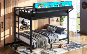 English Elm Full Over Metal Bunk Bed with USB Ports LED Lighting Shelves and Pegboard Black W5316S00051