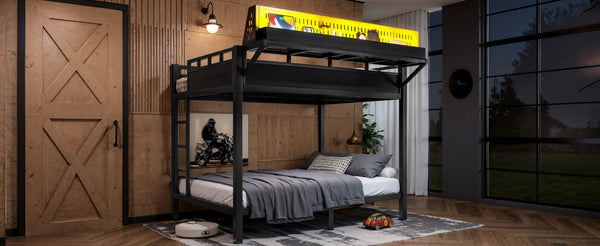 English Elm Full Over Metal Bunk Bed with USB Ports LED Lighting Shelves and Pegboard Black W5316S00051