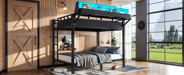 English Elm Full Over Metal Bunk Bed with USB Ports LED Lighting Shelves and Pegboard Black W5316S00051