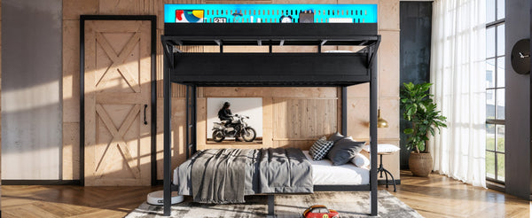 English Elm Full Over Metal Bunk Bed with USB Ports LED Lighting Shelves and Pegboard Black W5316S00051