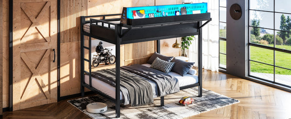 English Elm Full Over Metal Bunk Bed with USB Ports LED Lighting Shelves and Pegboard Black W5316S00051