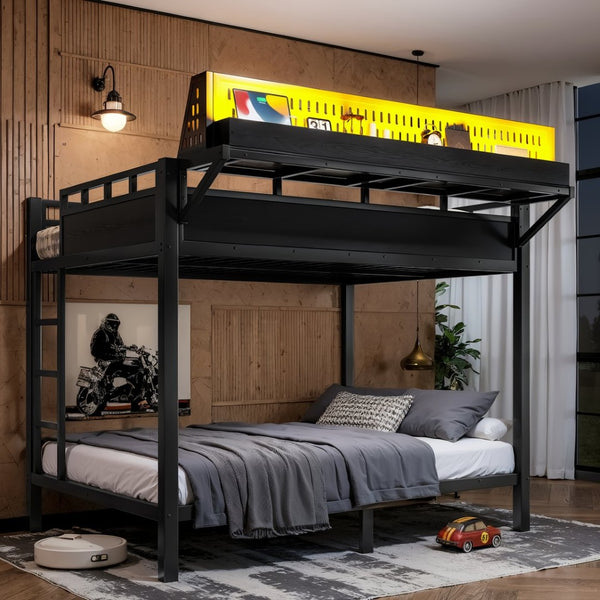English Elm Full Over Metal Bunk Bed with USB Ports LED Lighting Shelves and Pegboard Black W5316S00051