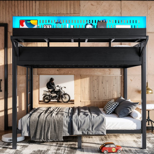 English Elm Full Over Metal Bunk Bed with USB Ports LED Lighting Shelves and Pegboard Black W5316S00051