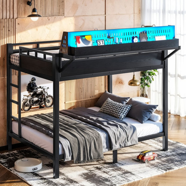 English Elm Full Over Metal Bunk Bed with USB Ports LED Lighting Shelves and Pegboard Black W5316S00051